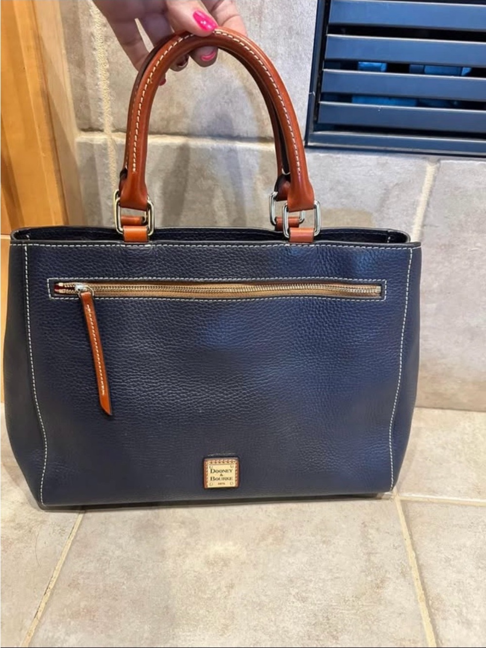 Dooney & Bourke Navy and Tan Pebbled Leather Satchel